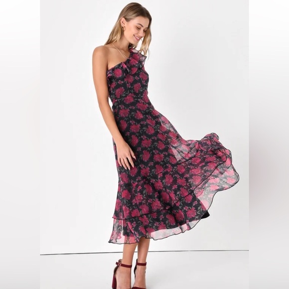 Lulu’s Sweet Romantic Black Floral Print Organza One-Shoulder Dress Size L - Picture 1 of 9